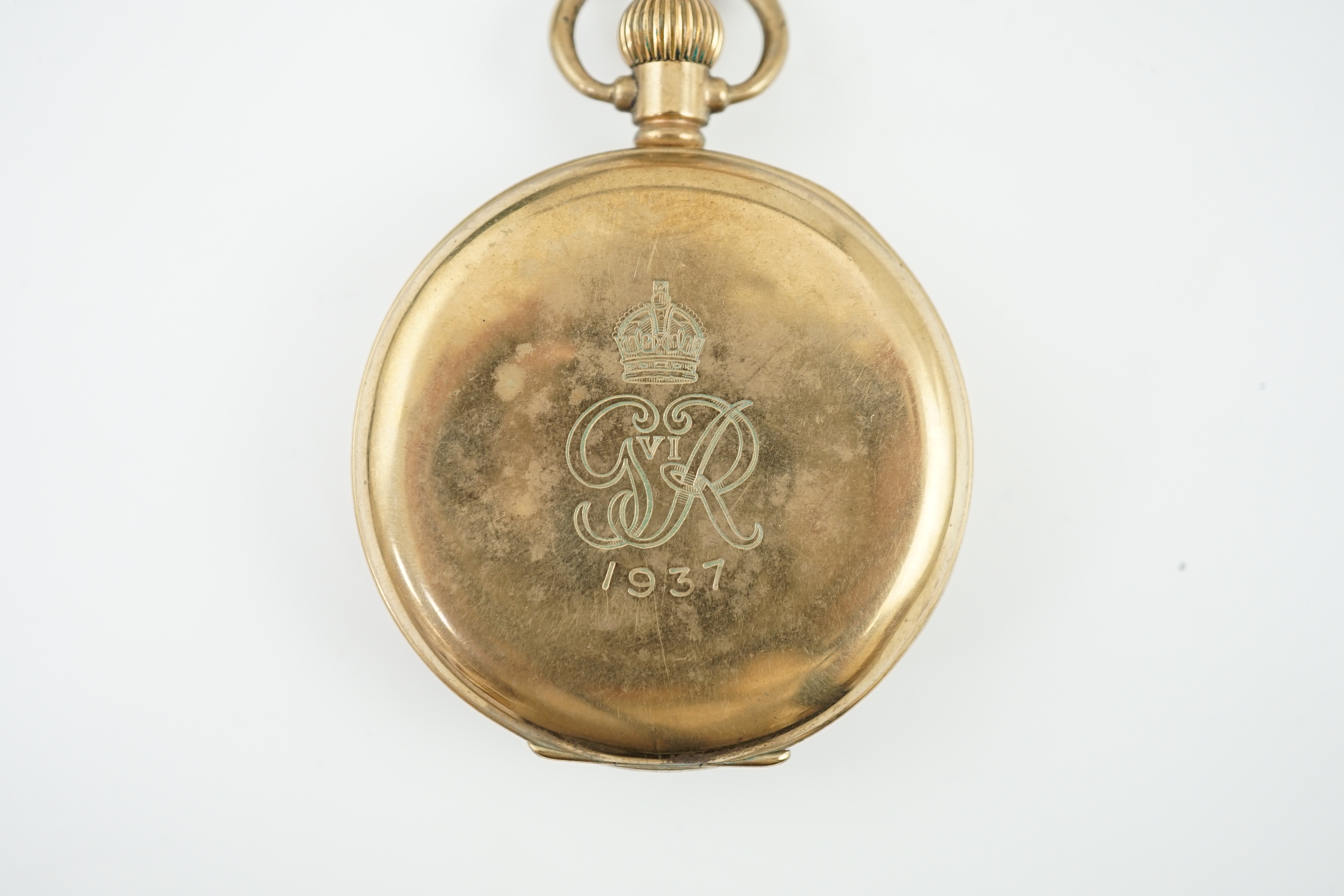 A George V J.W. Benson 9ct gold open face keyless pocket watch, with a 9ct gold curb link albert